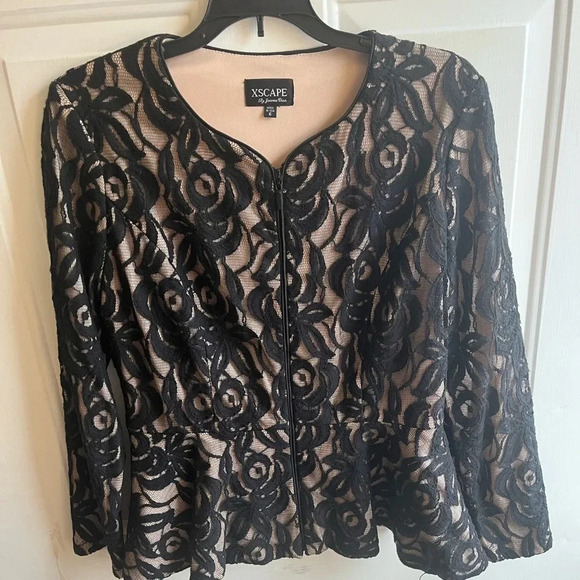 Xscape by Joanna Chen Black Lace‎ Peplum Zip Up Fancy Formal Jacket Size 6 - Picture 1 of 6